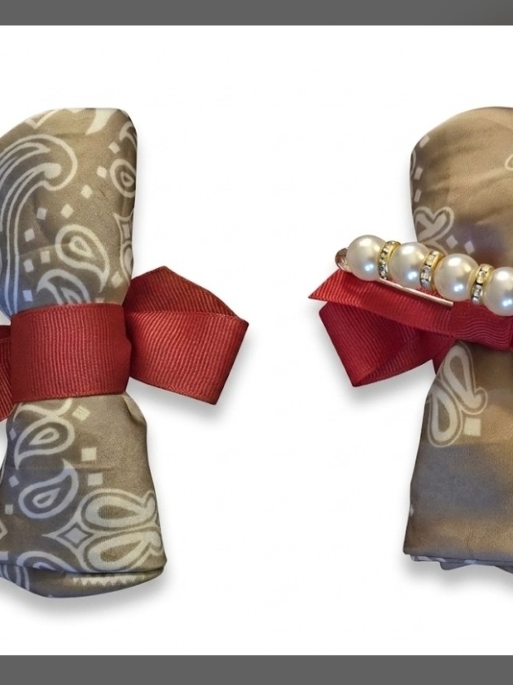 Hand-made Paisley Brooch With Red Ribbon And Pearl/Gold Accent Pin-NEW!